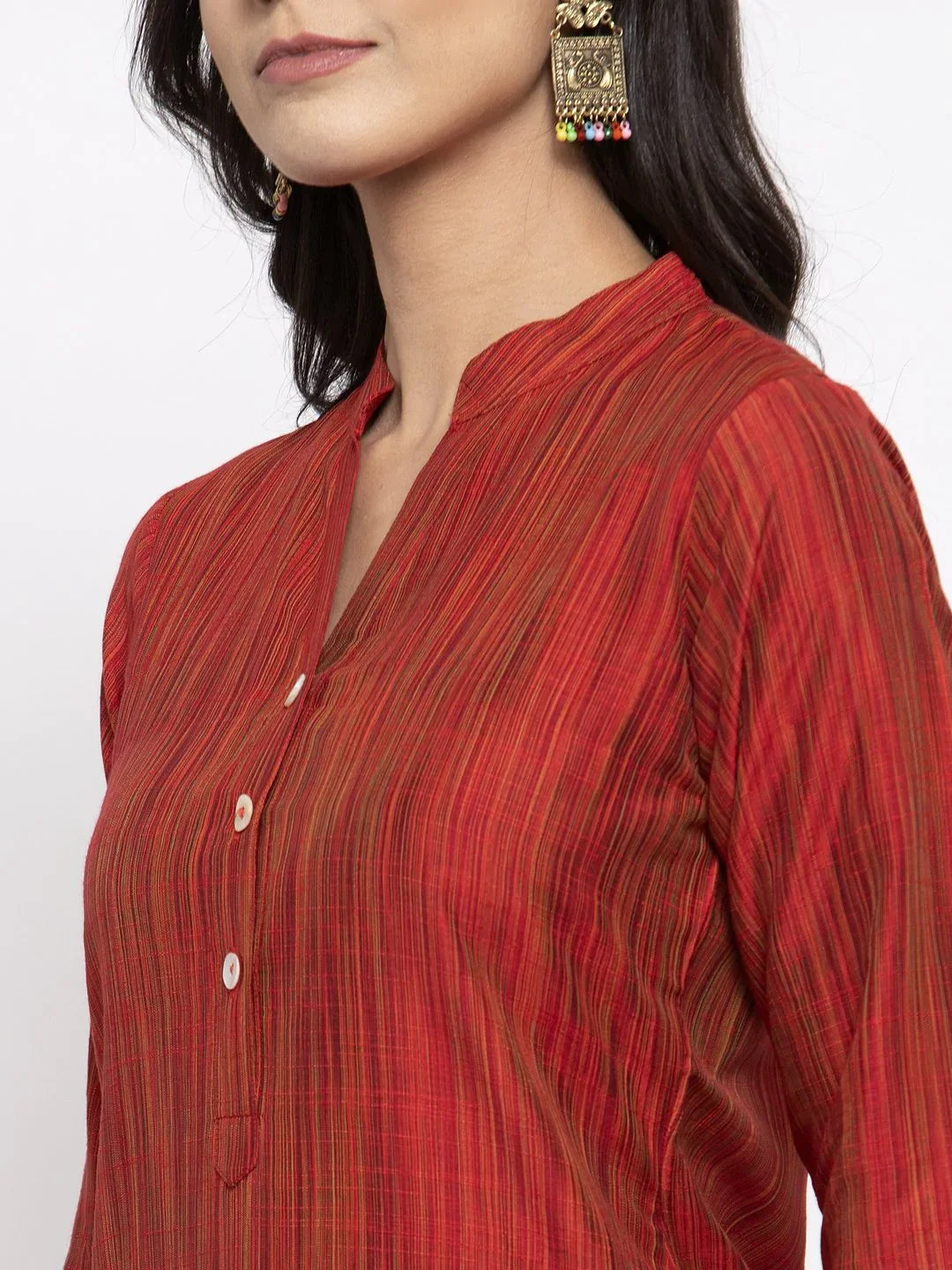 Red Self-Striped Cotton Kurta Set | Women's Indian Kurta Sets