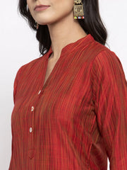 Women Red Self-Striped Kurta with Trousers ( JOKS 1310 Red )-JOKS-1310