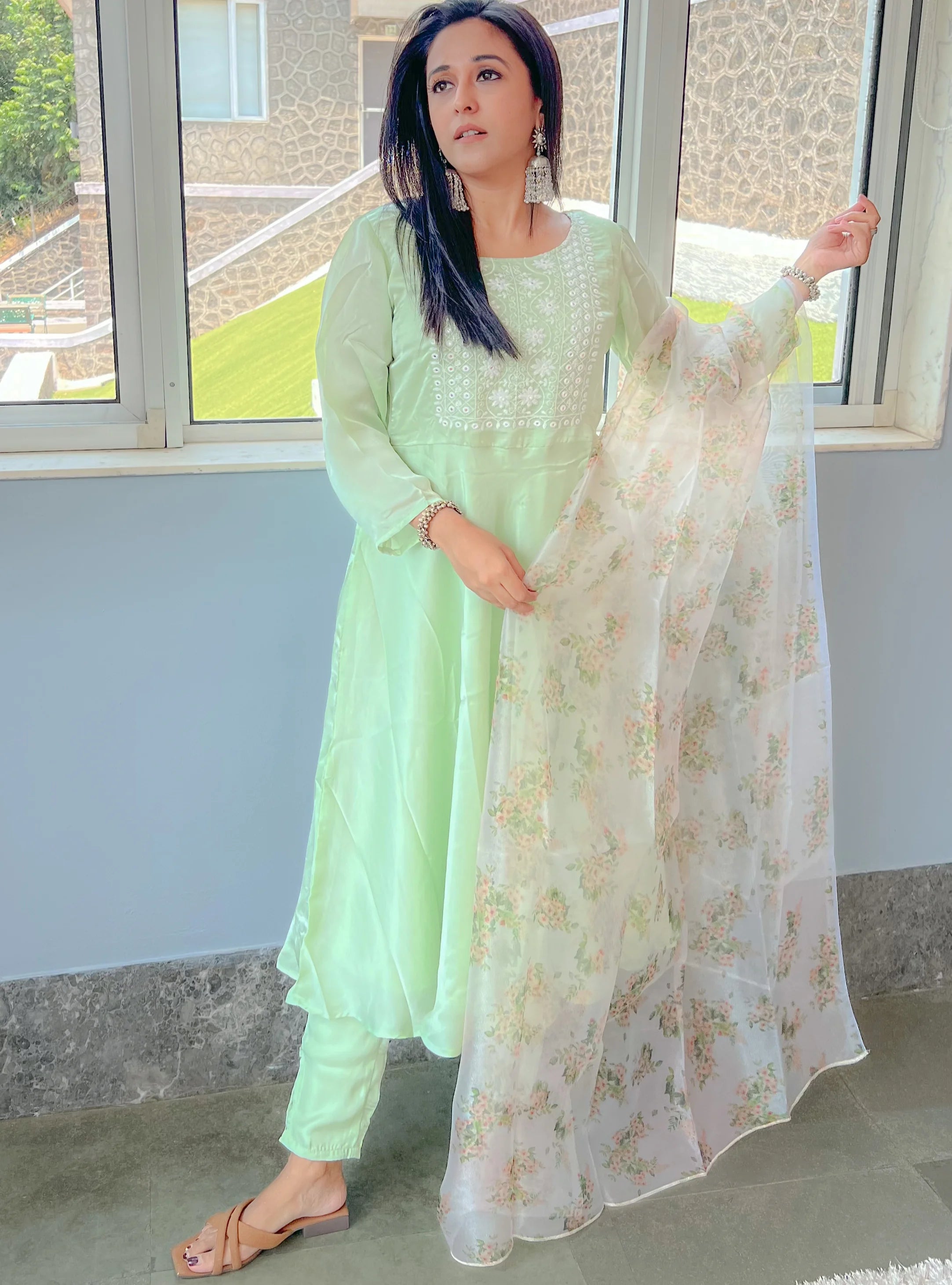 Floral Embroidered Kurta Set - Silk Georgette Anarkali Kurta