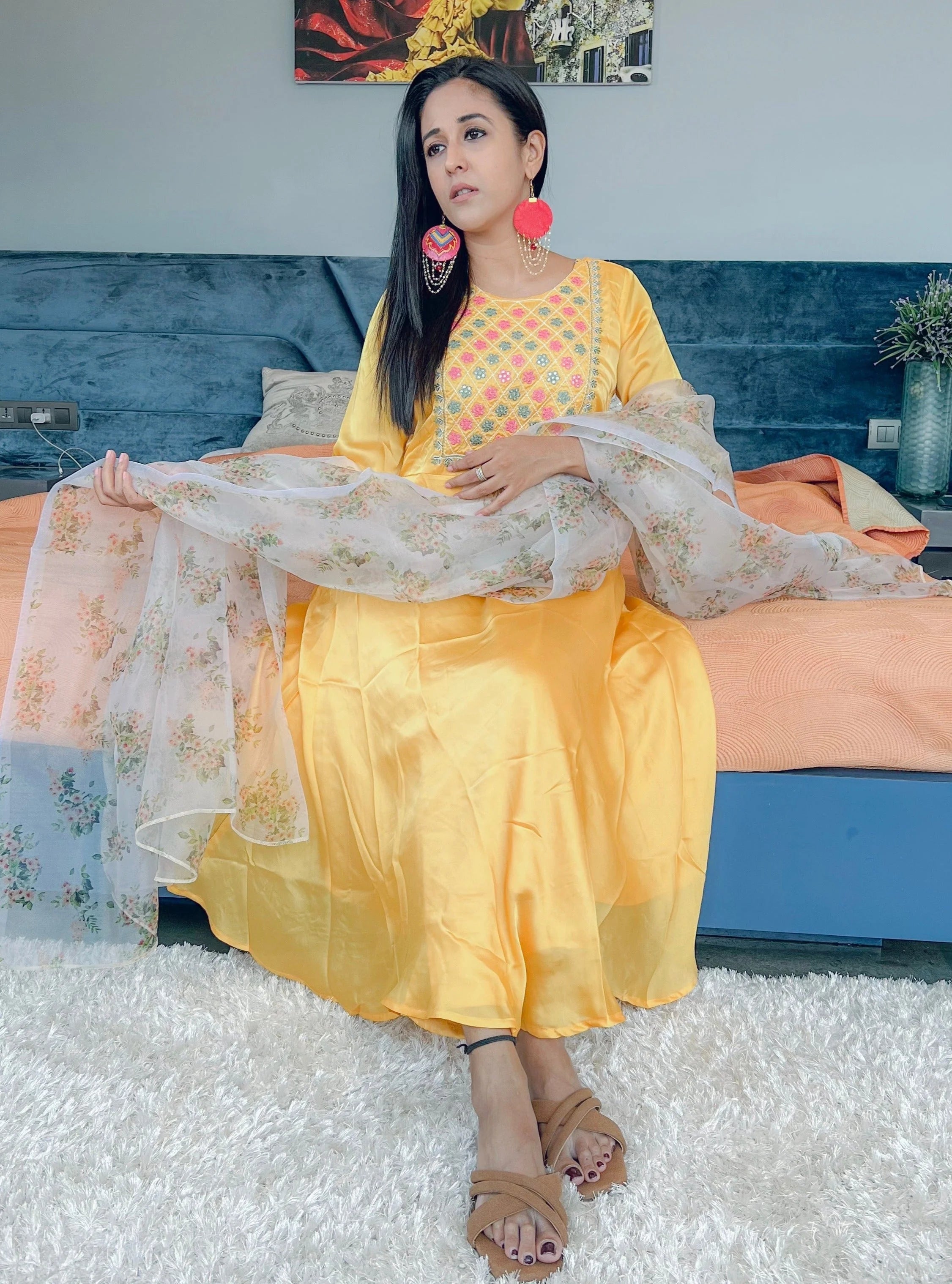 Floral Embroidered Silk Kurta Set with Dupatta | Anarkali Kurta