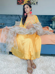 Floral Embroidered Mirror Work Silk Georgette Kurta With Trousers & Dupatta-JOKS-D34Y-1502