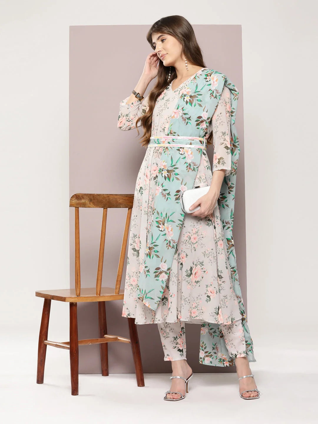 Sequin Anarkali Kurta Set - Flared Kurta with Dupatta