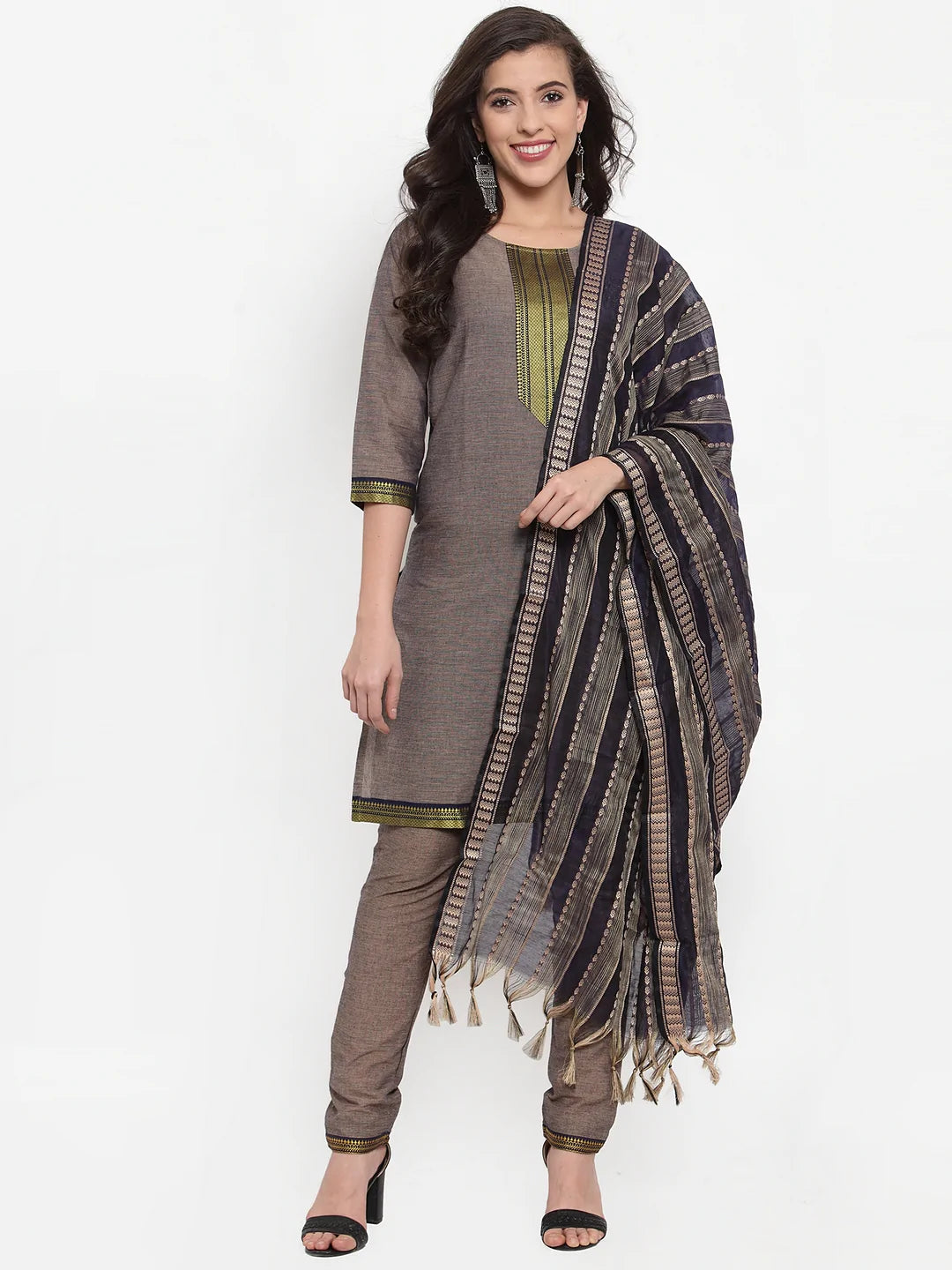 Women Grey Solid Kurta with Trousers & Dupatta (JOKS D10B 1321 Grey)