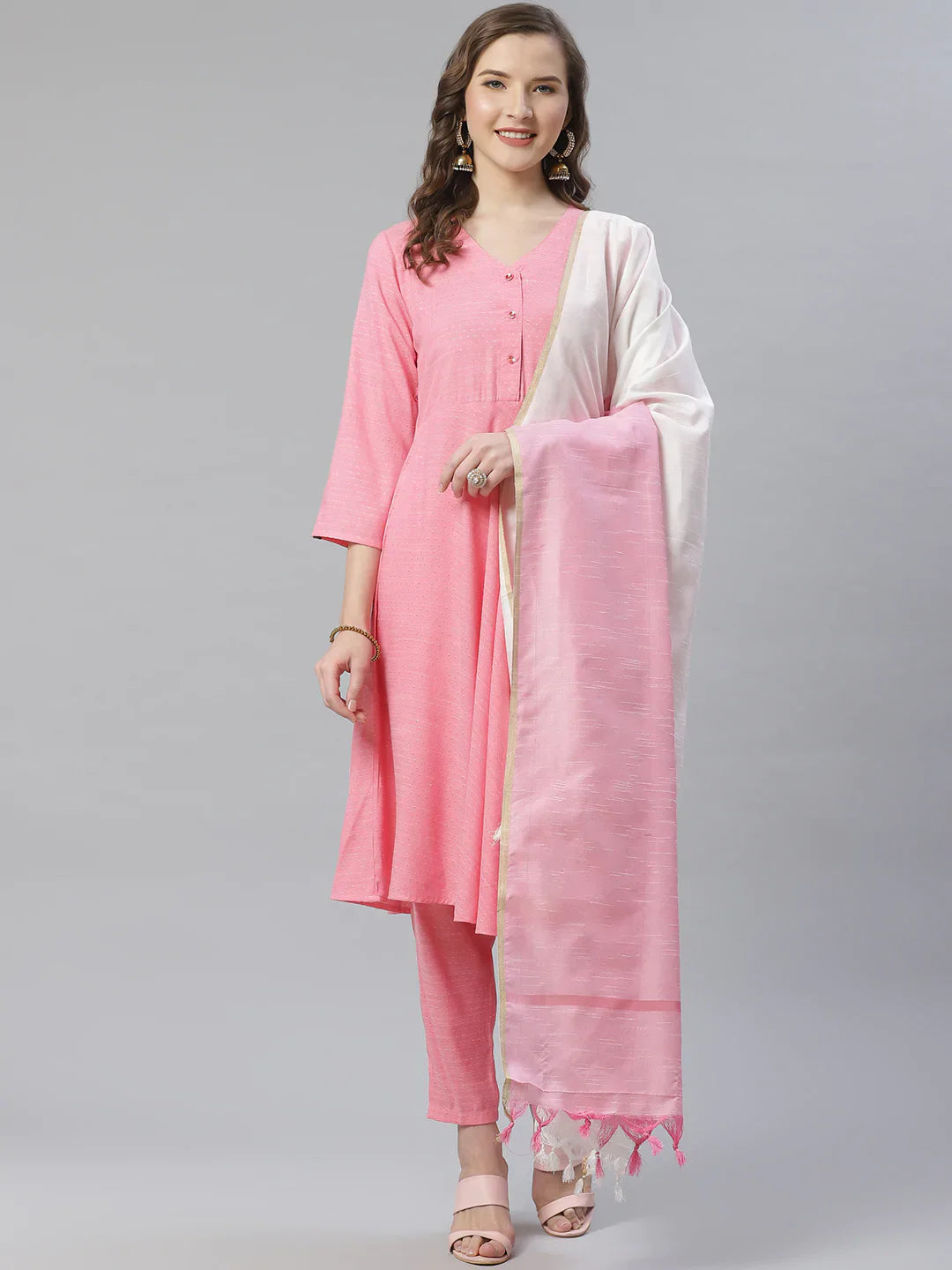 Pink & White Women's Kurta Set with Dupatta | Indian Kurta Sets