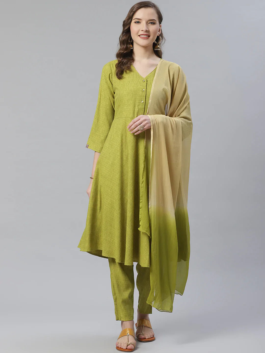 Green & Beige Design Kurta Set with Dupatta | Women's Kurta Sets