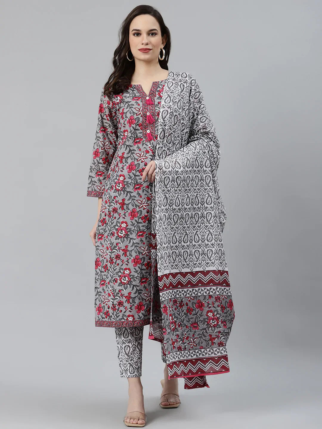 Grey & Magenta Block Print Cotton Kurta Set with Dupatta