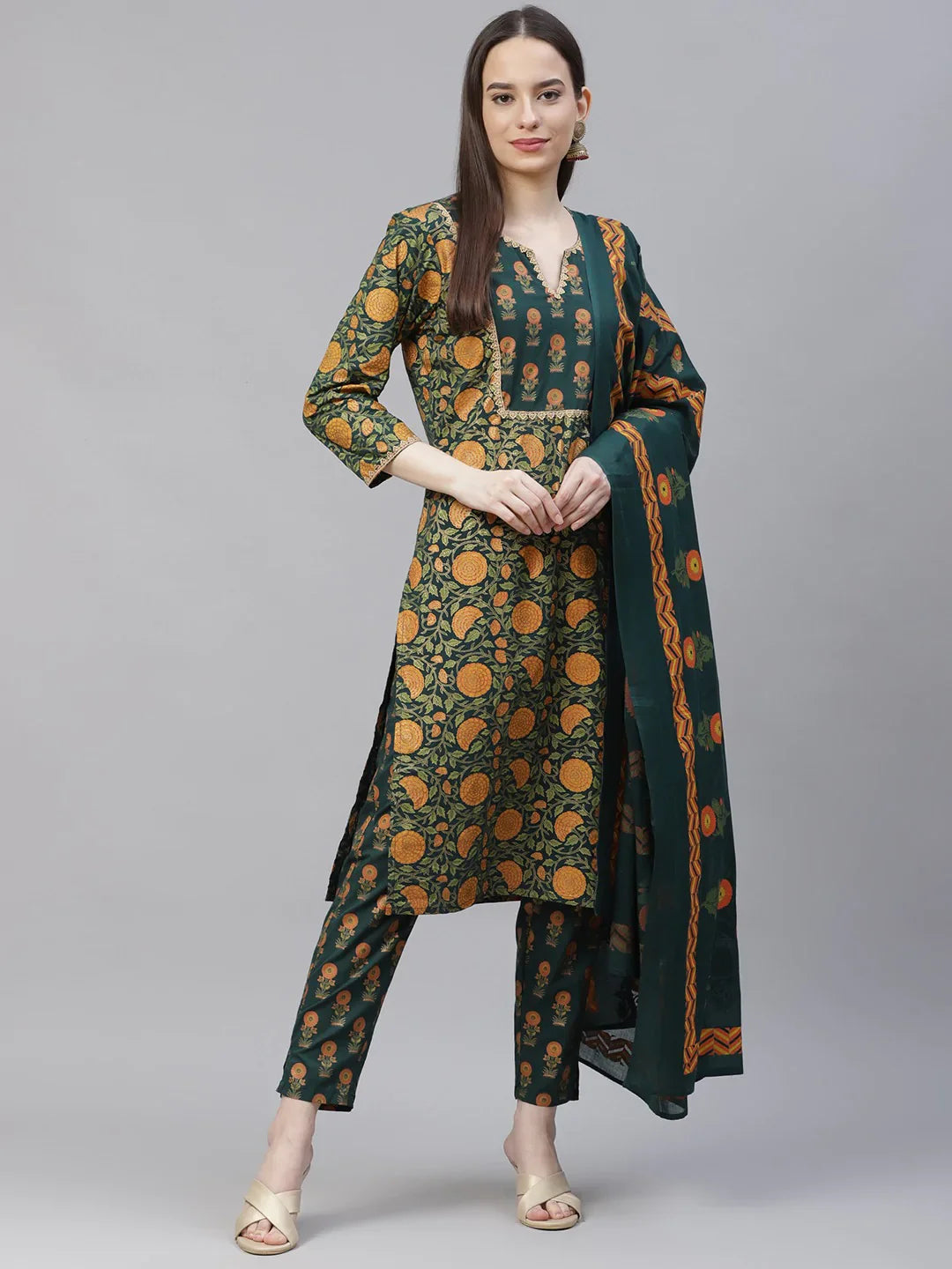 Green Printed Cotton Stylish Kurta Set with Dupatta |Women Kurta Sets
