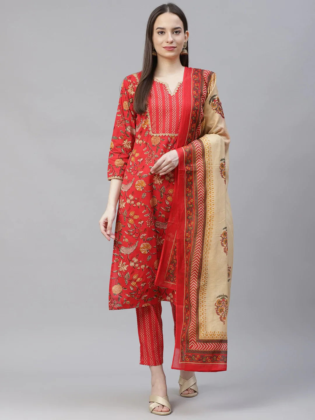 Women Red Ethnic Motifs Printed Regular Pure Cotton Kurta with Trousers & Dupatta ( JOKS D22R 1400 Red )-JOKS-D22R