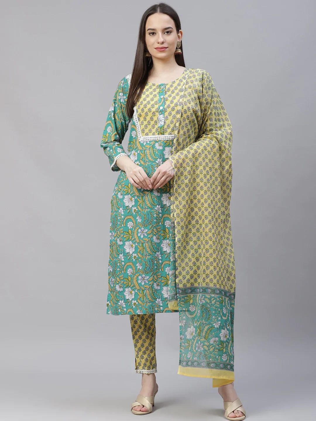 Green Printed Cotton Kurta Set with Dupatta | Women's Kurta Sets