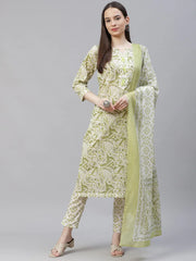 Women Green Ethnic Motifs Printed Pure Cotton Kurta with Trousers & Dupatta ( JOKS D24G 1402 Green )
