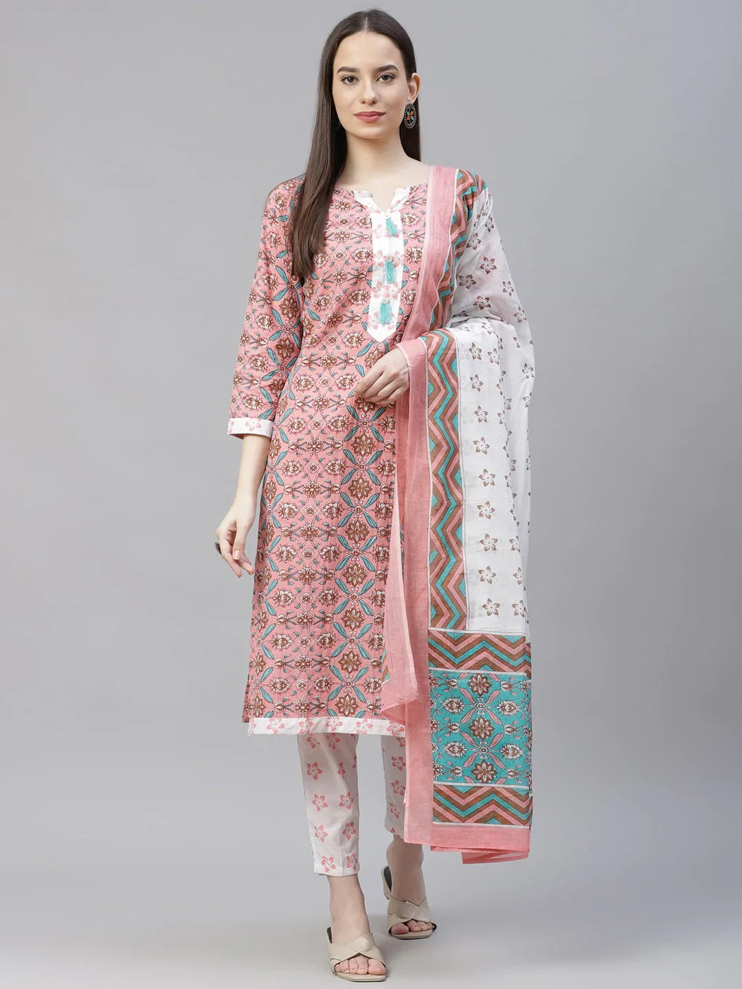 Pink & White Cotton Kurta Set with Dupatta - Women's Kurta