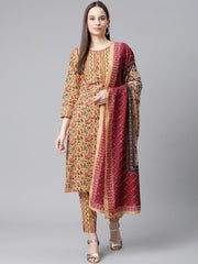 DesiQlo Women Mustard Yellow & Maroon Floral Pure Cotton Kurta with Trousers & Dupatta ( JOKS D25M 1409 Mustard )