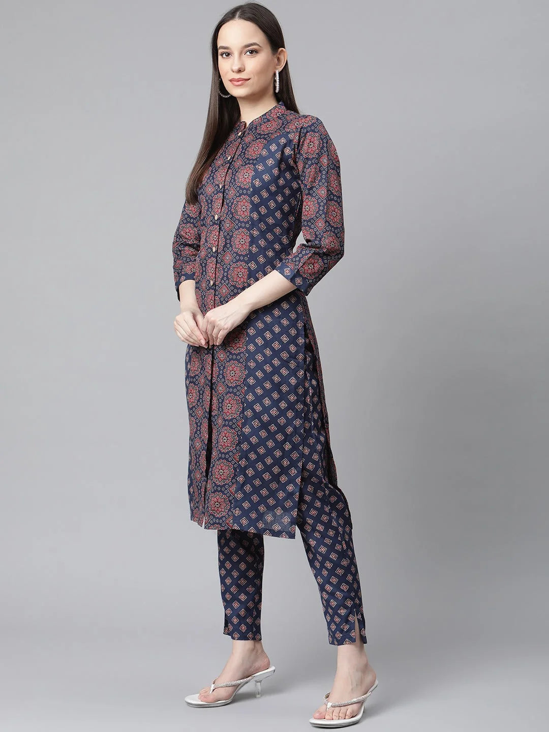 Beige & Pink Cotton Women's Block Print Kurta Set with Dupatta