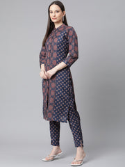 Women Beige & Pink Block Print Pure Cotton Kurta with Trousers & Dupatta ( JOKS D18W 1372 Pista )