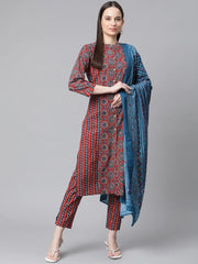 Women Maroon & Blue Printed Regular Pure Cotton Kurta with Trousers & With Dupatta ( JOKS D26B 1410 Maroon )
