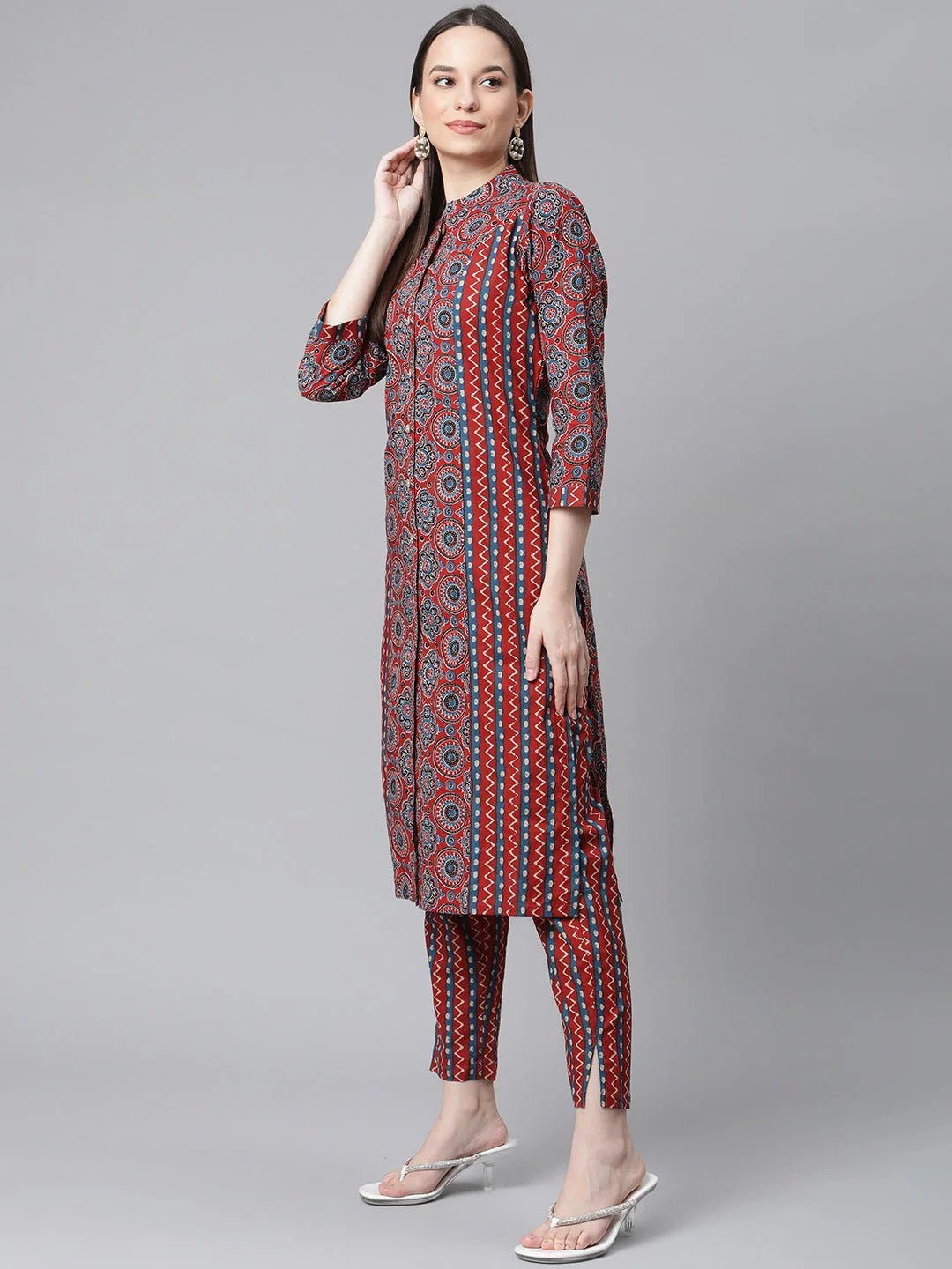 Grey & Magenta Block Print Cotton Kurta Set with Dupatta