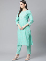 Women Turquoise Blue Embroidered Regular Sequinned Kurta with Trousers & Dupatta ( JOKS D19Peach 1383 Sky )