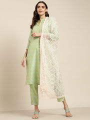 Women Green Jacquard Woven Design Straight Kurta Trousers & Chikankari Dupatta
