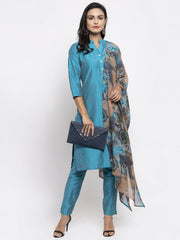 DesiQlo Women Blue & Green Self-Striped Kurta with Trousers & Printed Georgette Dupatta ( JOKS D2B 1310 Blue )