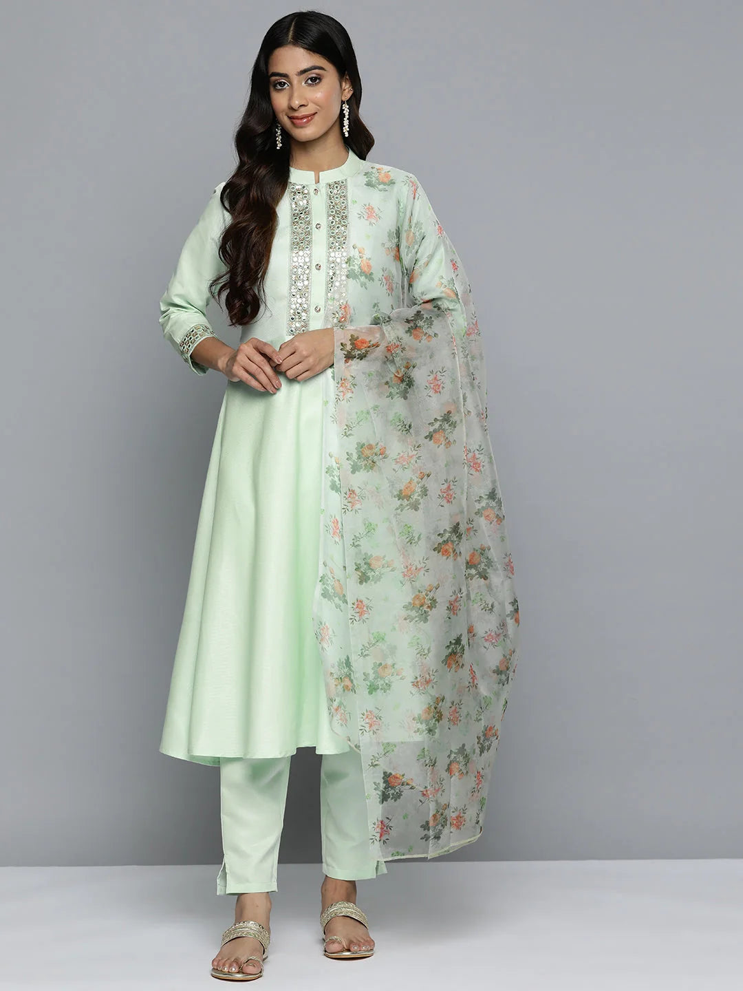 Embroidered Kurta Set - Mirror Work Anarkali Kurta for Women