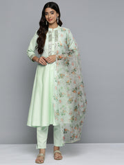 Embroidered Mirror Work Kurta With Trousers & Dupatta ( JOKS D34G 1503 Green )-JOKS-D34G-1503