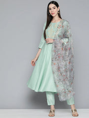 Green Floral Embroidered Mirror Work Kurta with Trousers & With Dupatta ( JOKS D34W 1490 Green )-JOKS-D34W-1490