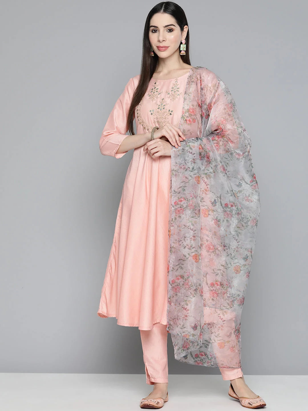 Peach Floral Cotton Kurta Set with Dupatta | Indian Style