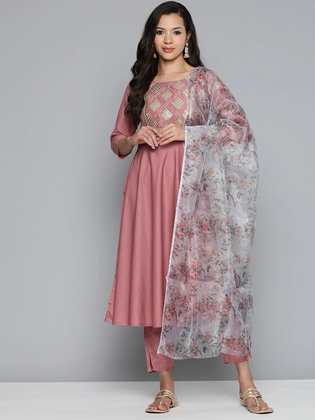 Pink Floral Embroidered Mirror Work Kurta with Trousers & With Dupatta ( JOKS D34W 1496 Pink )-JOKS-D34W-1496