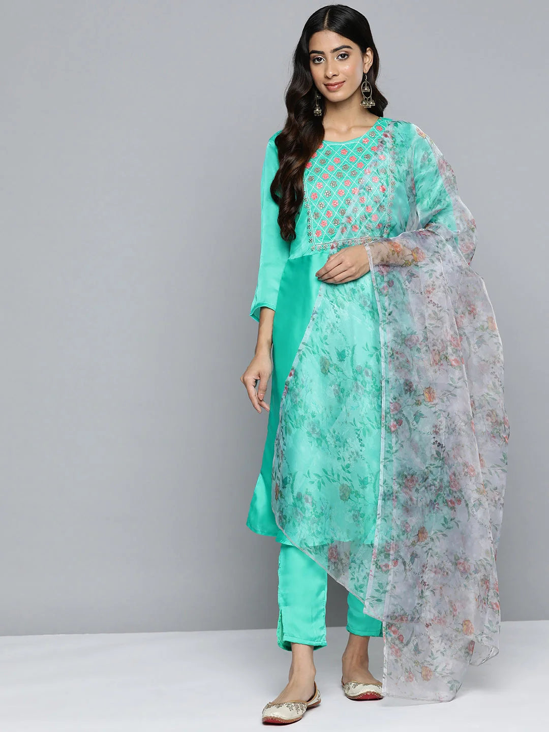 Floral Embroidered Silk Anarkali Kurta Set for Women