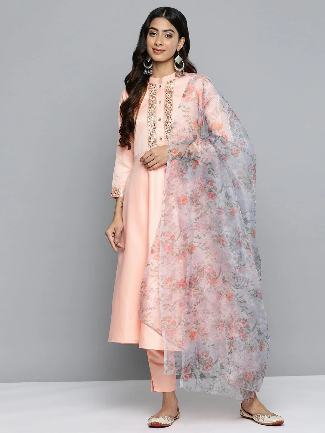 Embroidered Mirror Work Kurta With Trousers & Dupatta ( JOKS D34W 1503 Peach )-JOKS-D34W-1503