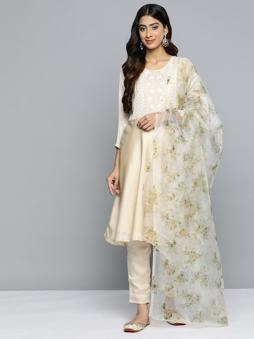 Floral Embroidered Mirror Work Silk Georgette Kurta With Trousers & Dupatta-JOKS-D34Y-1501