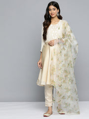Floral Embroidered Mirror Work Silk Georgette Kurta With Trousers & Dupatta-JOKS-D34Y-1501