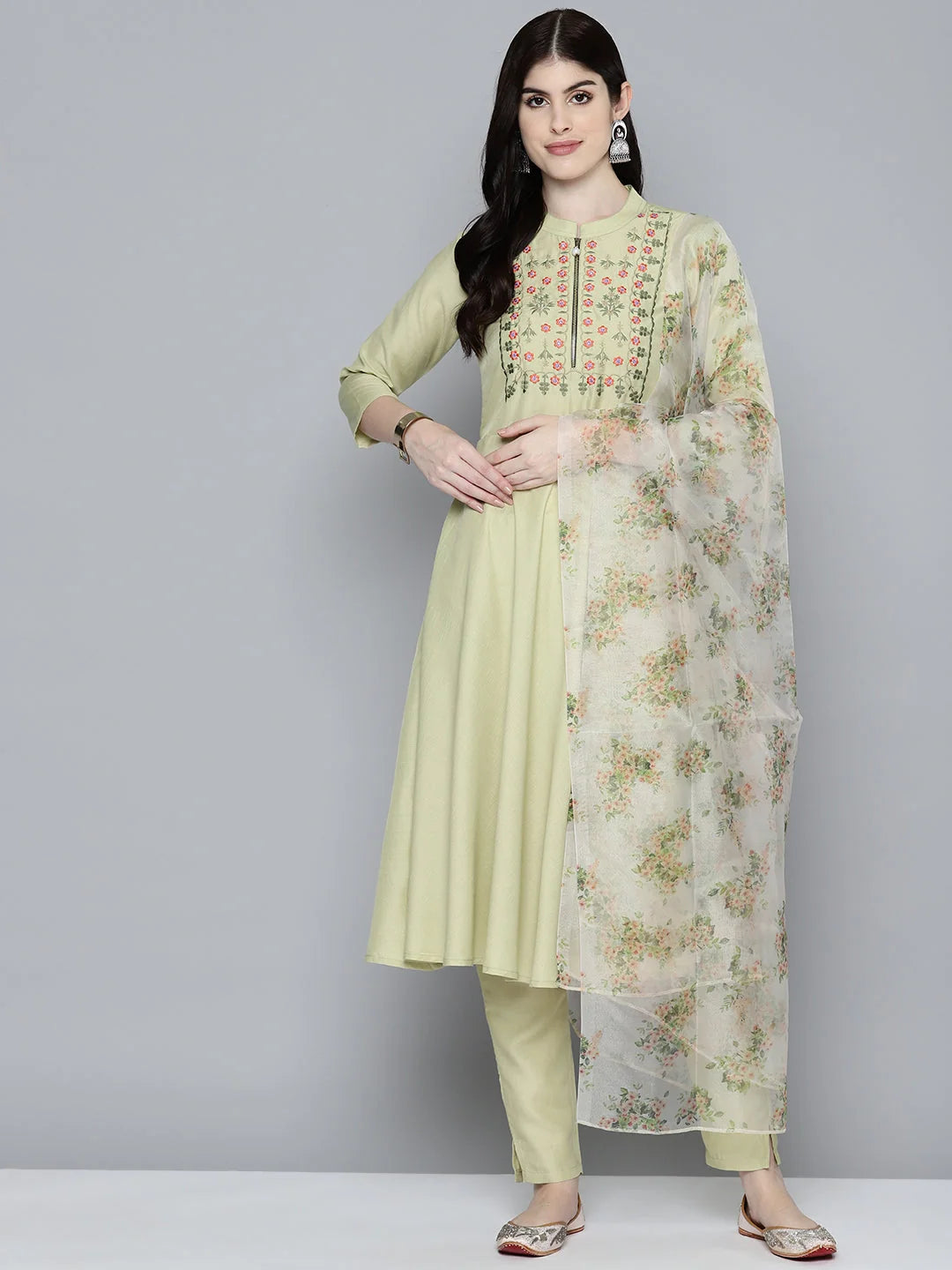 Embroidered falred kurta, printed dupatta with pants ( JOKS D34Y 1532 Lime )-JOKS-D34Y-1532