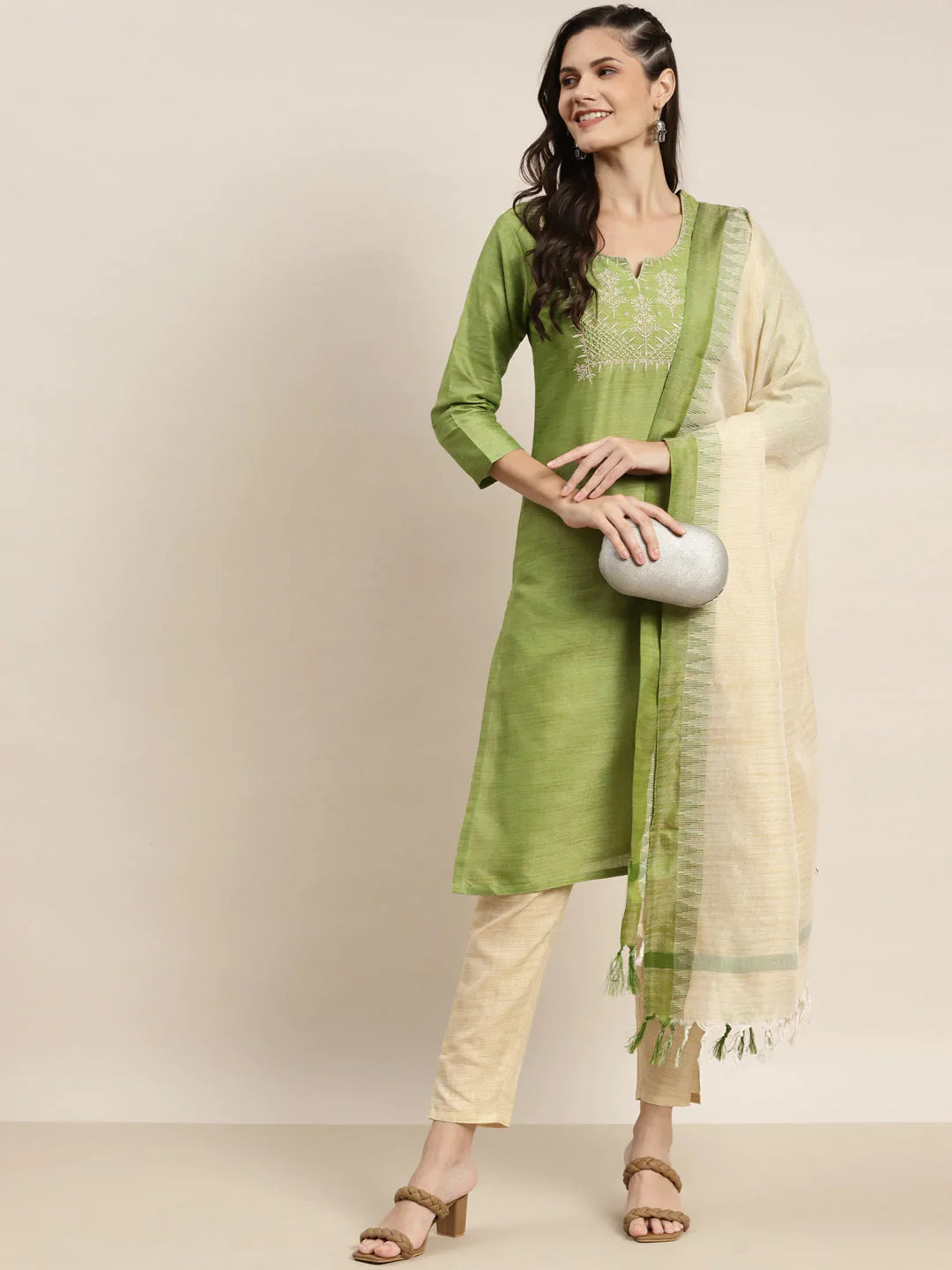 Yoke Design Cotton Silk Kurta with Trousers & Dupatta ( JOKS D35G 1465 Green )-JOKS-D35G-1465