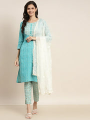 Printed Gotta Patti Kurta with Trousers & Dupatta ( JOKS D36W 1470 Blue )-JOKS-D36W-1470