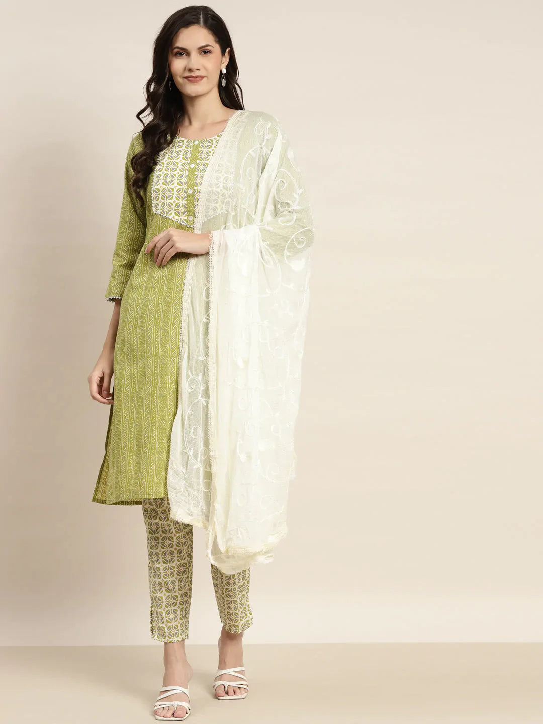 Printed Gotta Patti Kurta with Trousers & Dupatta ( JOKS D36W 1470 Green )-JOKS-D36W-1470