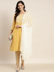Printed Gotta Patti Kurta with Trousers & Dupatta ( JOKS D36W 1470 Yellow )-JOKS-D36W-1470