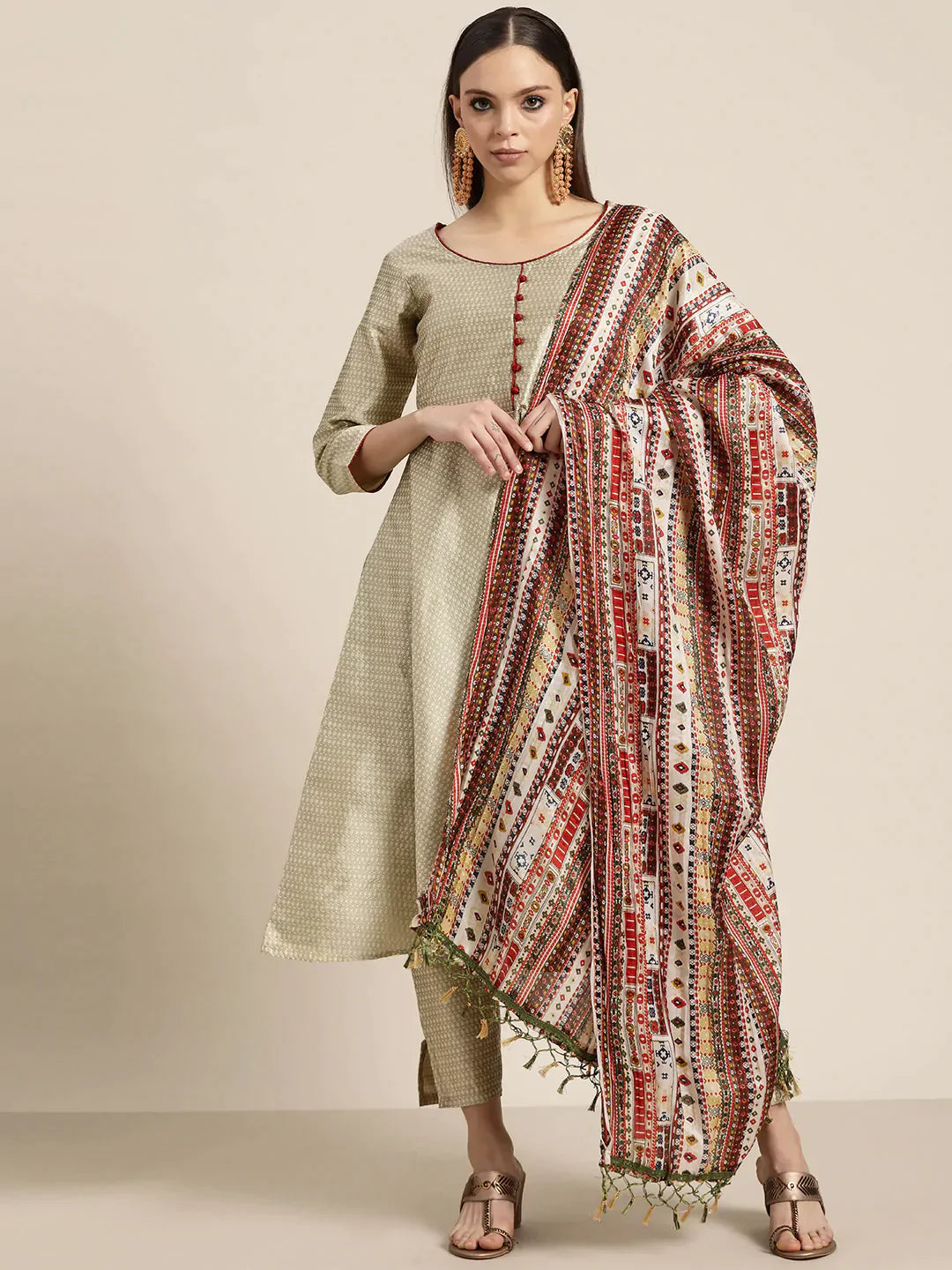 Beige Indian Kurta Set for Women - Dupion Silk Jacquard Kurta