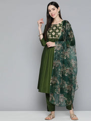 Olive Green Floral Embroidered Mirror Work Kurta with Trousers & With Dupatta ( JOKS D41G 1496 Olive )-JOKS-D41G-1496