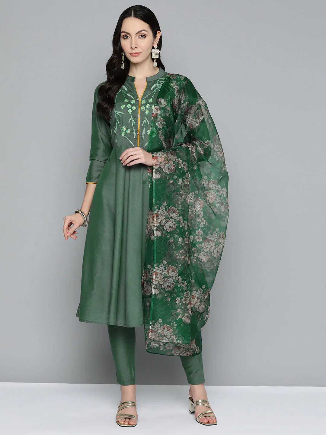 Floral Embroidered Kurta Set with Dupatta - Indian Kurta Sets