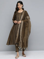 Women Brown Embroidered Regular Kurta with Trousers & With Dupatta ( JOKS D46B 1506 Brown )-JOKS-D46B-1506
