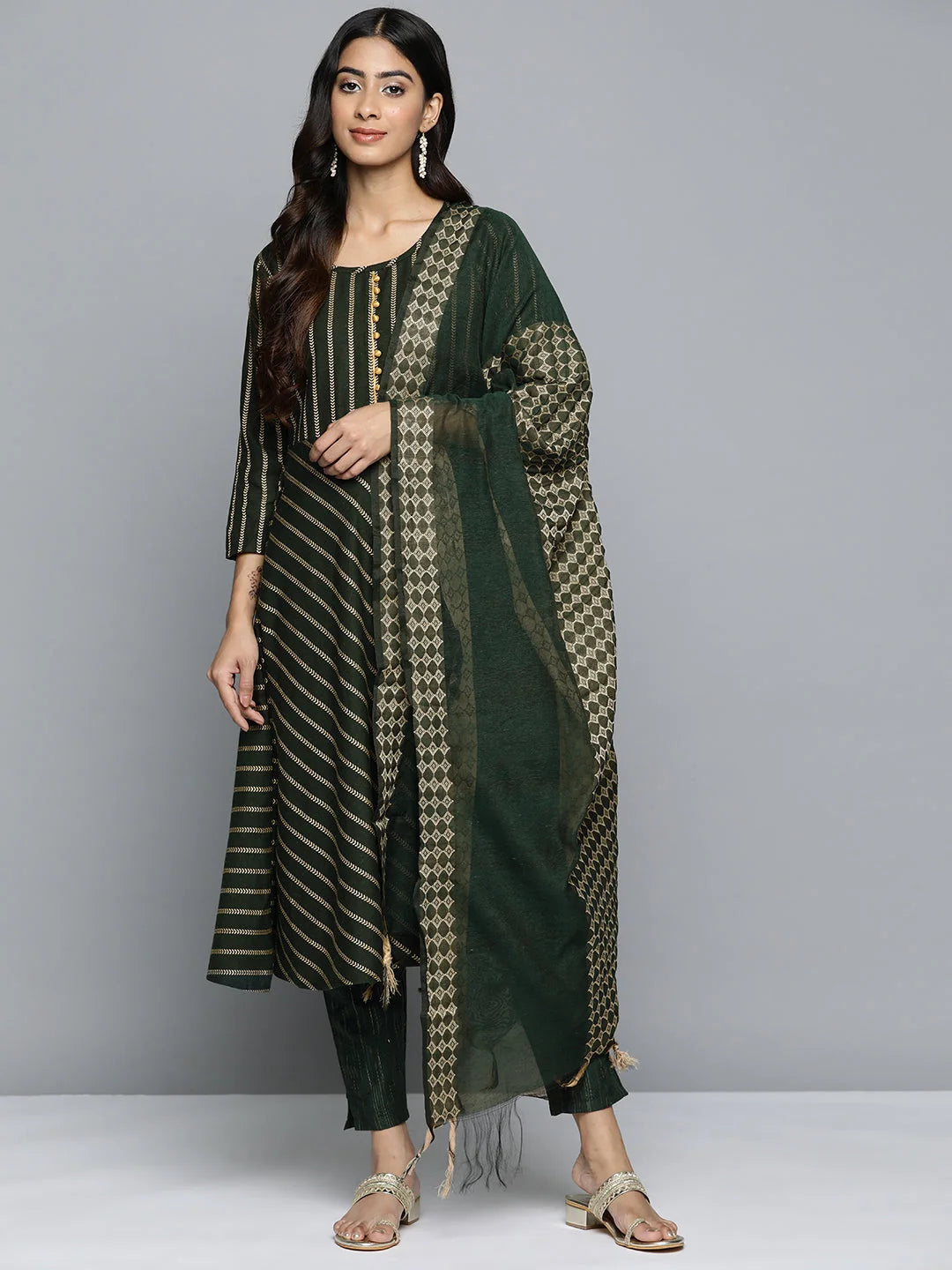 Anarkali Kurta for Women - Green Embroidered Kurta with Dupatta