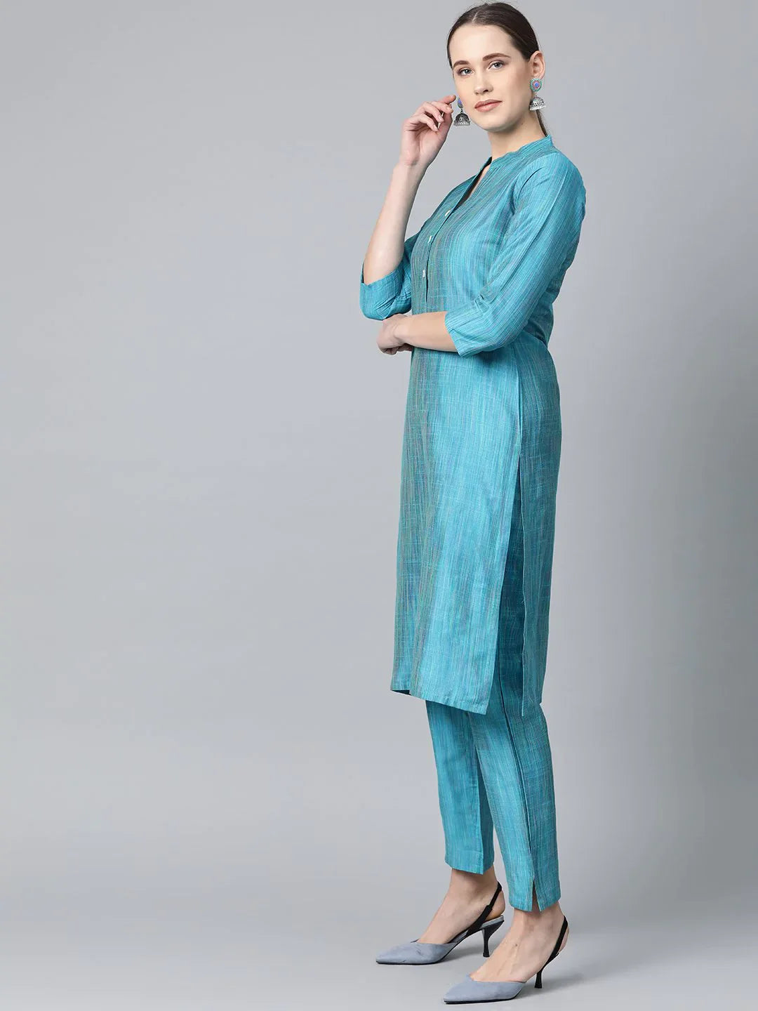 Purple Indian Kurta Set - Dupion Silk Jacquard Kurta for Women