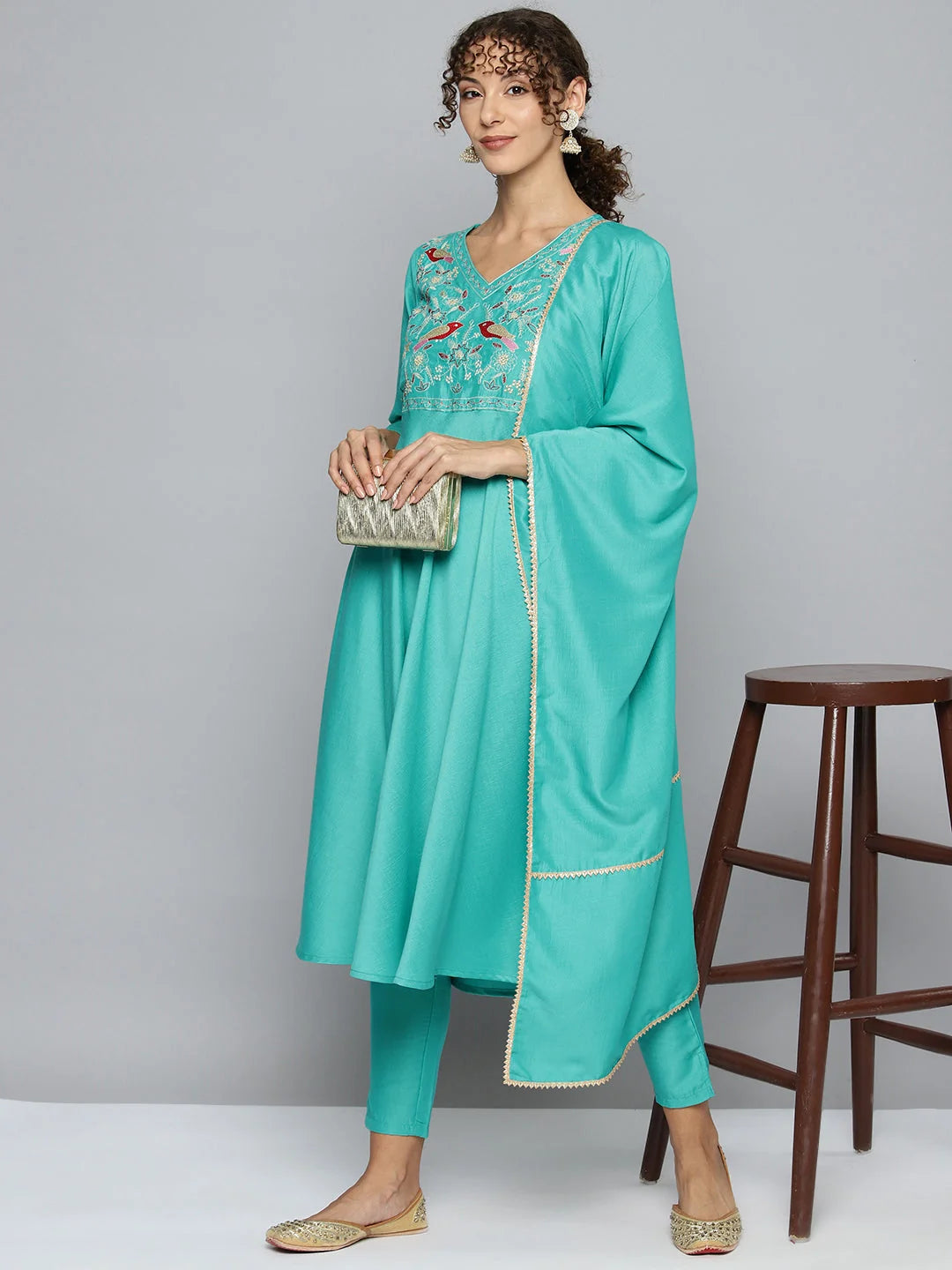 Green Embroidered Kurta Set with Dupatta - Women's Indian Fashion