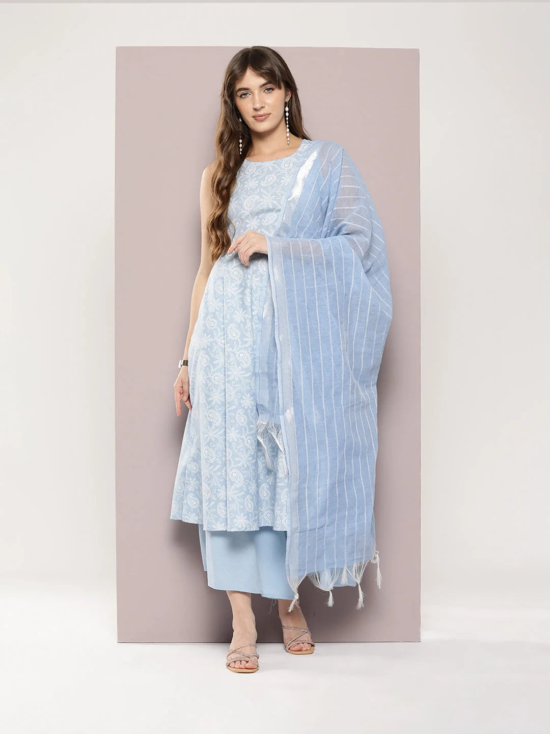 Pink & White Cotton Kurta Set with Dupatta - Women's Kurta