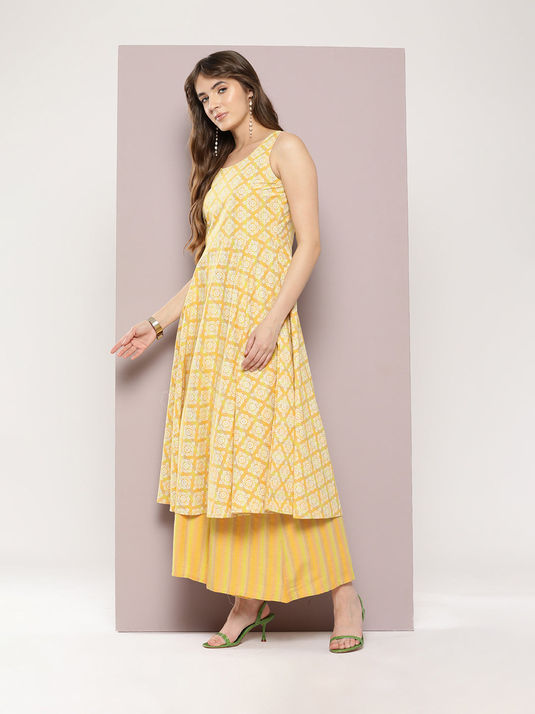 Grey & Peach Floral Kurta Set with Dupatta | Cotton Kurta Sets