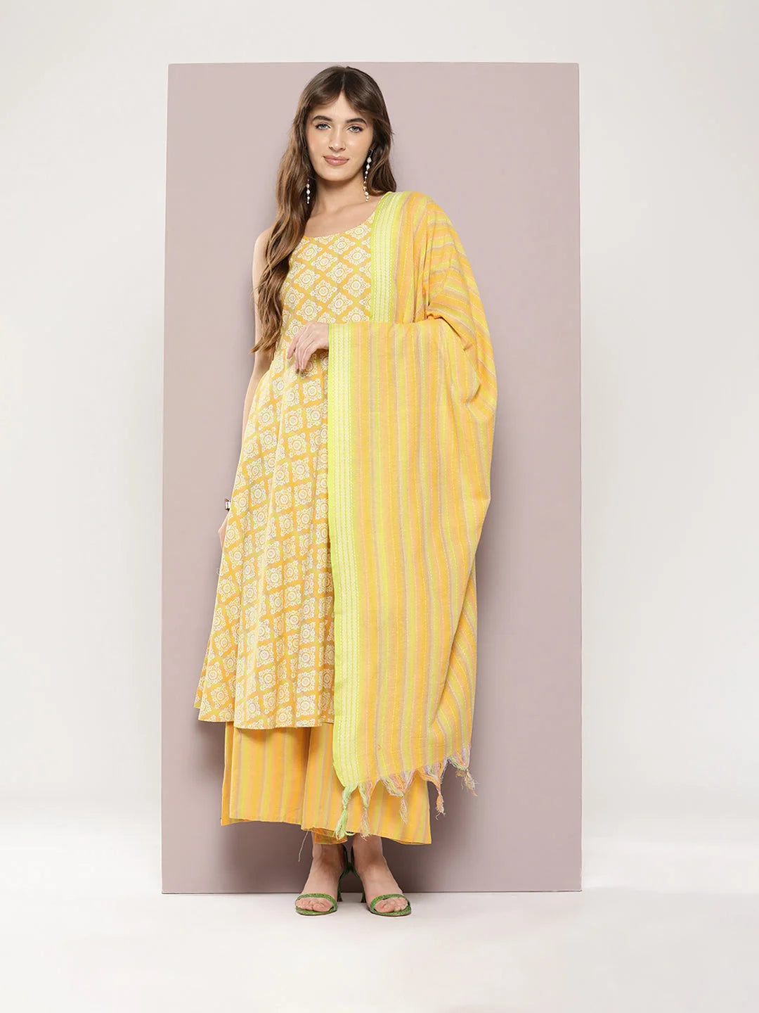 Grey & Peach Floral Kurta Set with Dupatta | Cotton Kurta Sets
