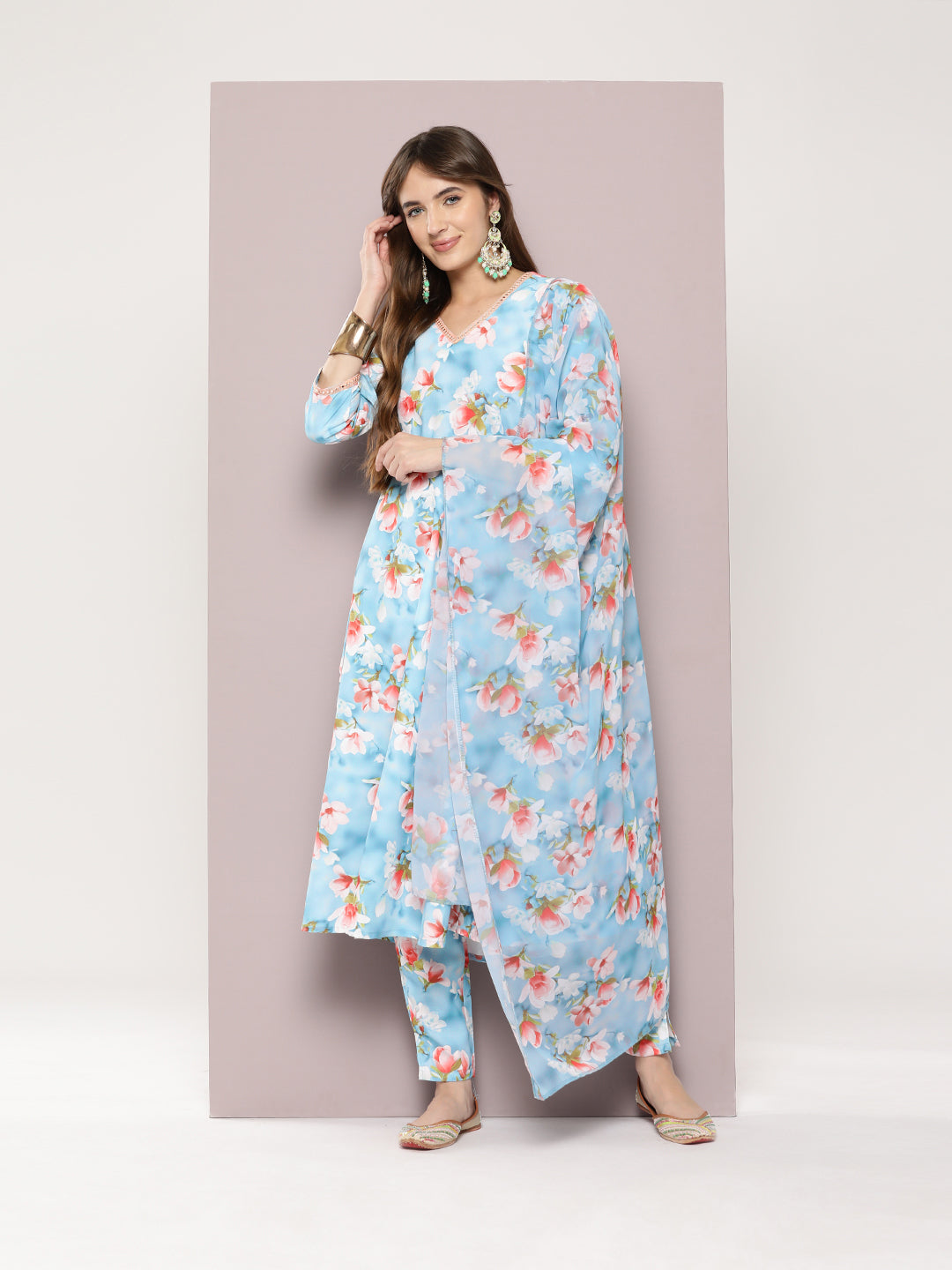 Green Cotton Kurta Set with Dupatta - Indian Women's Kurta
