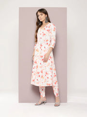 Women Red & Off-White Ethnic Motifs Printed Kurta with Trousers & Dupatta ( JOKS D23R 1401 Red )