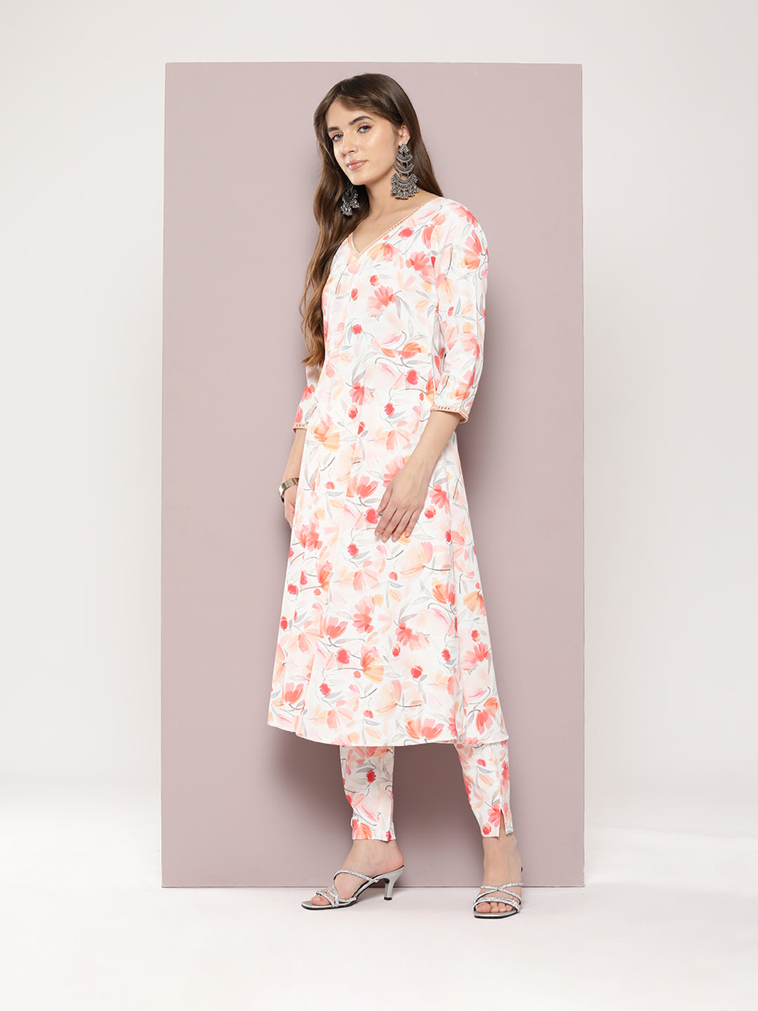 Red & White Cotton Kurta Set - Indian Women's Kurta Set